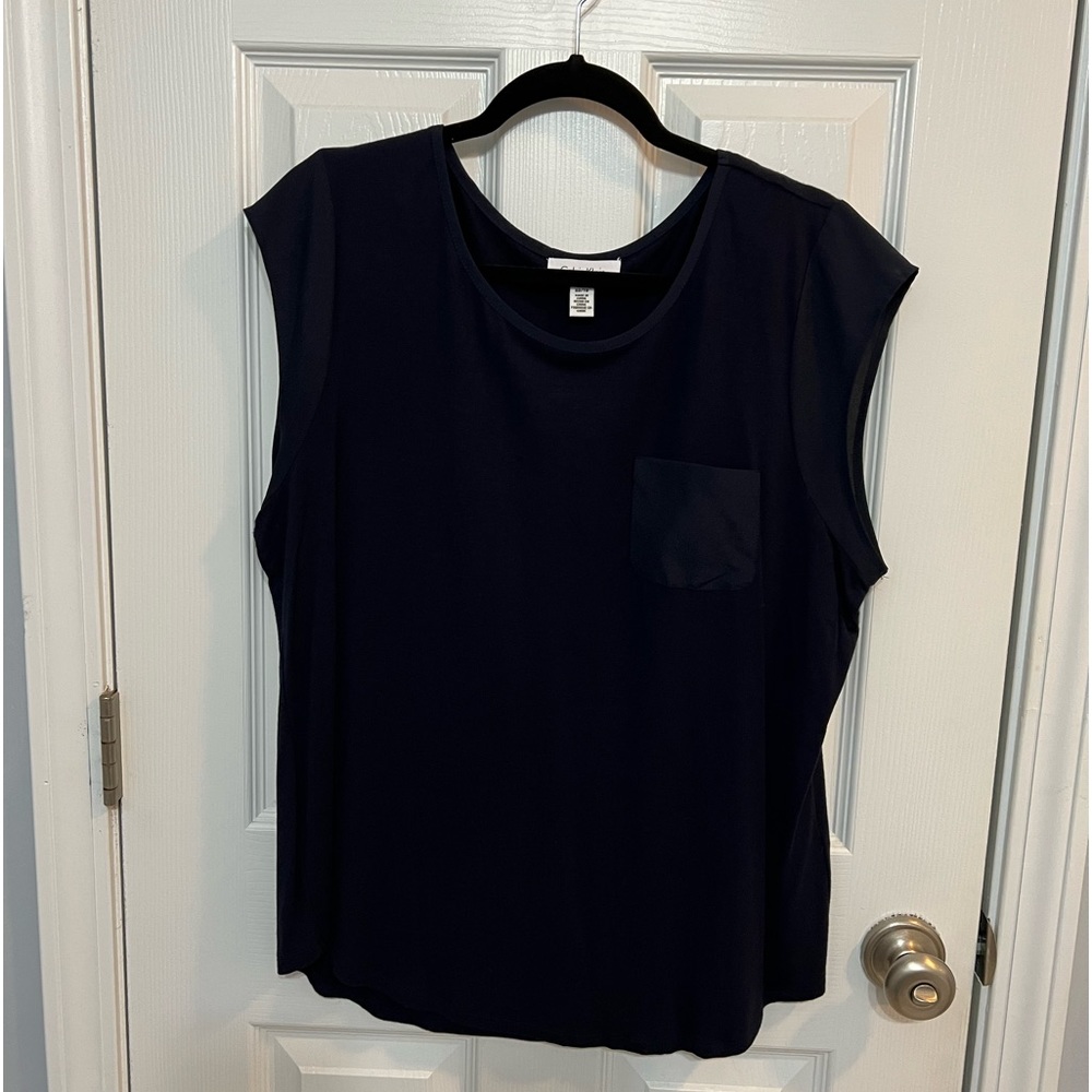 XL Calvin Klein Navy Top with Pocket & Cap Sleeve Detail